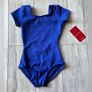 Small Capezio short sleeve girl leotard royal blue cap sleeved girls dance S 4/5